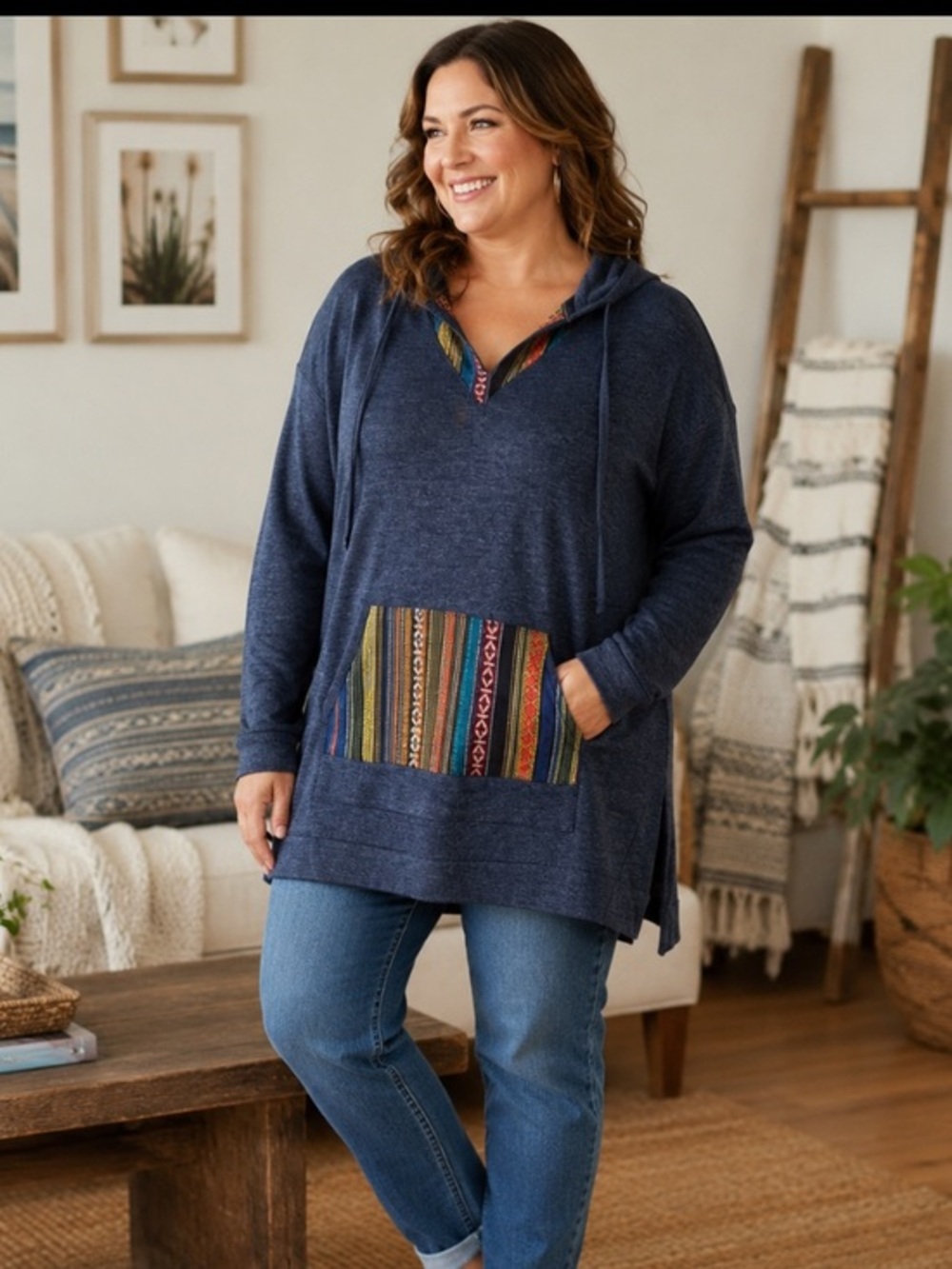 Moa Moa Cozy Navy Hooded Pullover with Striped Pocket Sz xlarge